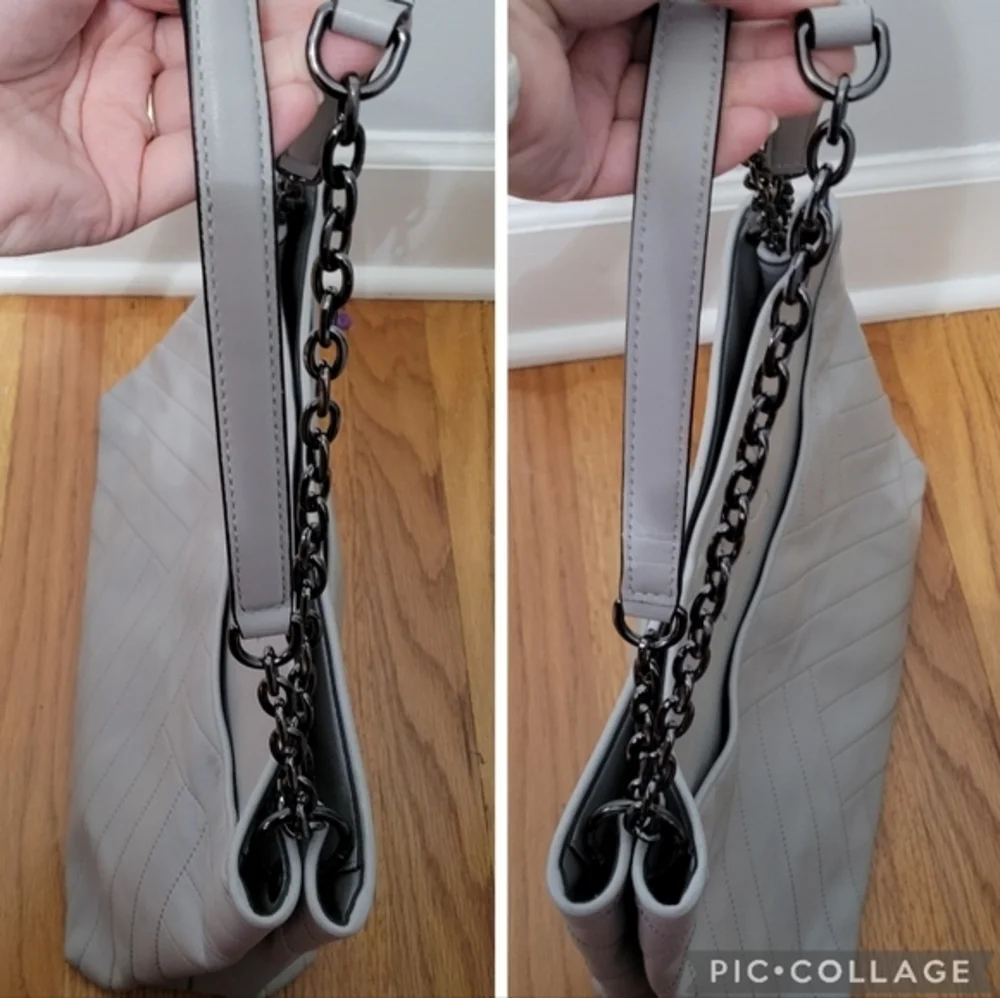 Tory Burch Alexa Quilted Slouchy Leather Tote Cement‎ Grey Gray Luxury Chevron